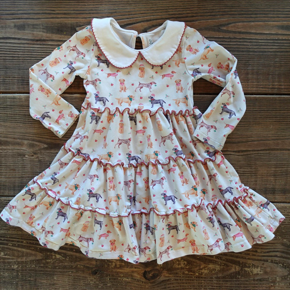 Serendipity Shrimp & Grits Dress Girls XS Dog Print Peter Pan Ruffle Christmas - Picture 1 of 5